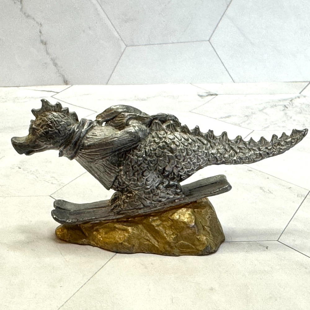 Pewter RB Ricker Bartlett Dragon Dinosaur Skiing Figurine Sculpture Signed
